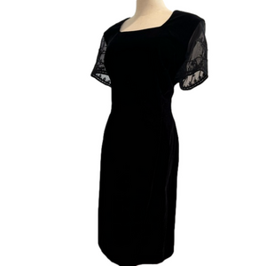 Maggy London Black Velvet Midi Dress with Lace Sleeves